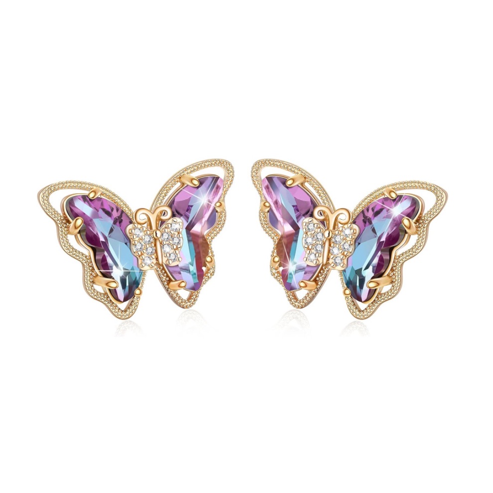 O81 - Gold Purple Butterfly Stud Earrings 925 Silver With Colorful Zircon 8$